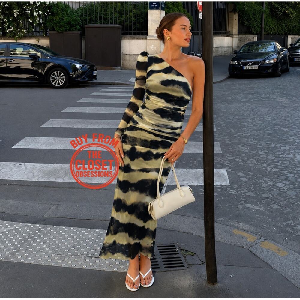 ZARA One Shoulder Tulle Midi Dress NWT Tiger Print Ruched Bodycon Dress M - Picture 5 of 16
